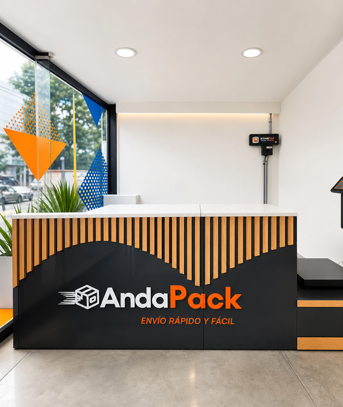Recepción de sucursal AndaPack con logo en el mostrador
